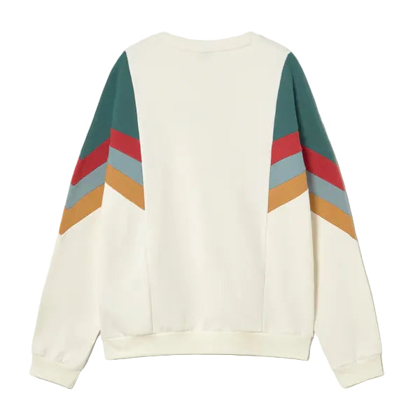 Sweater with color-blocked sleeves on a white background