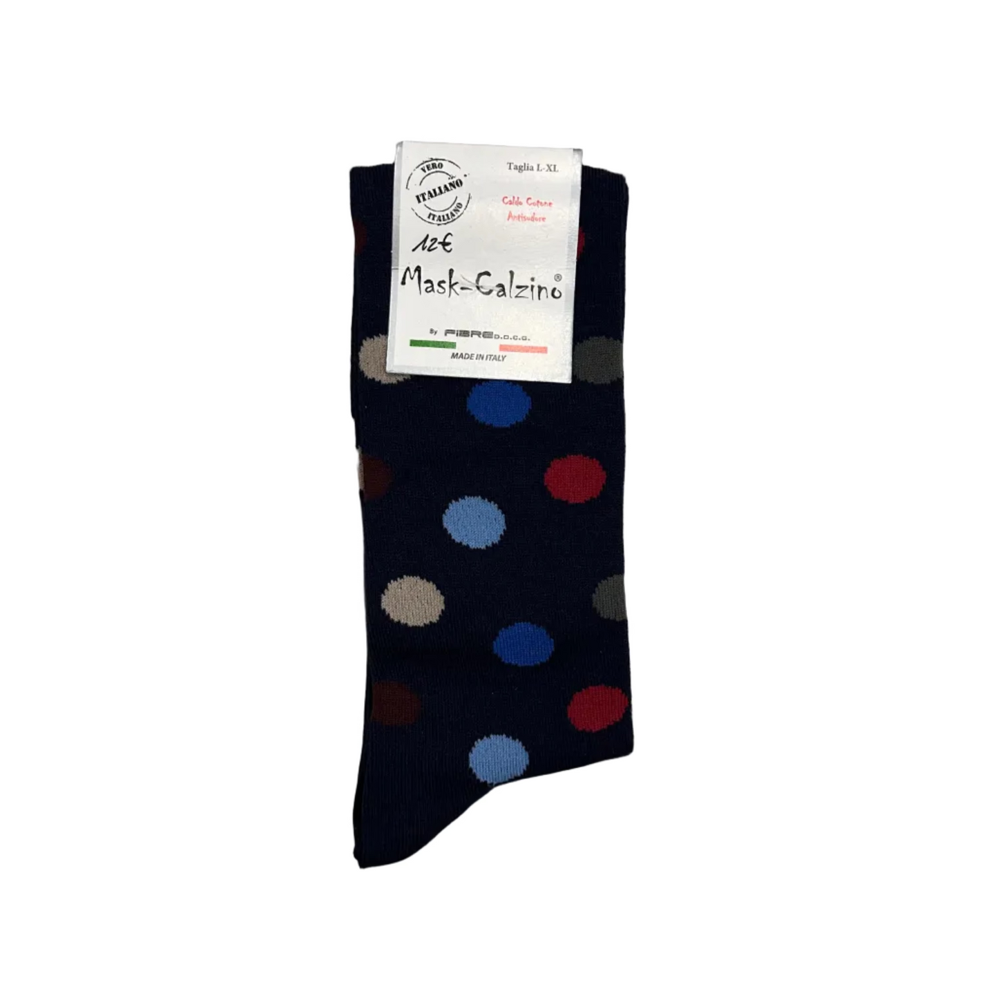 Black sock with colorful polka dots on a wooden floor