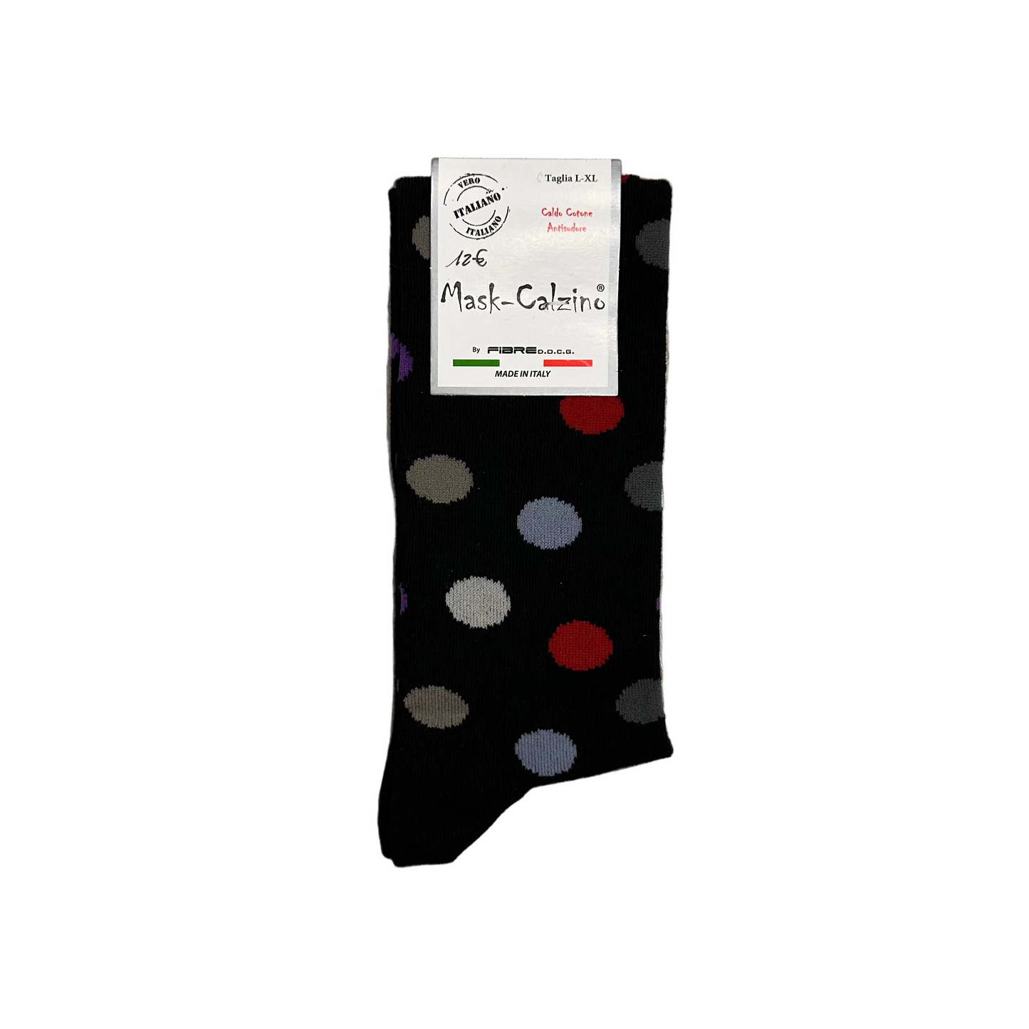 Black sock with colorful polka dots on a wooden floor