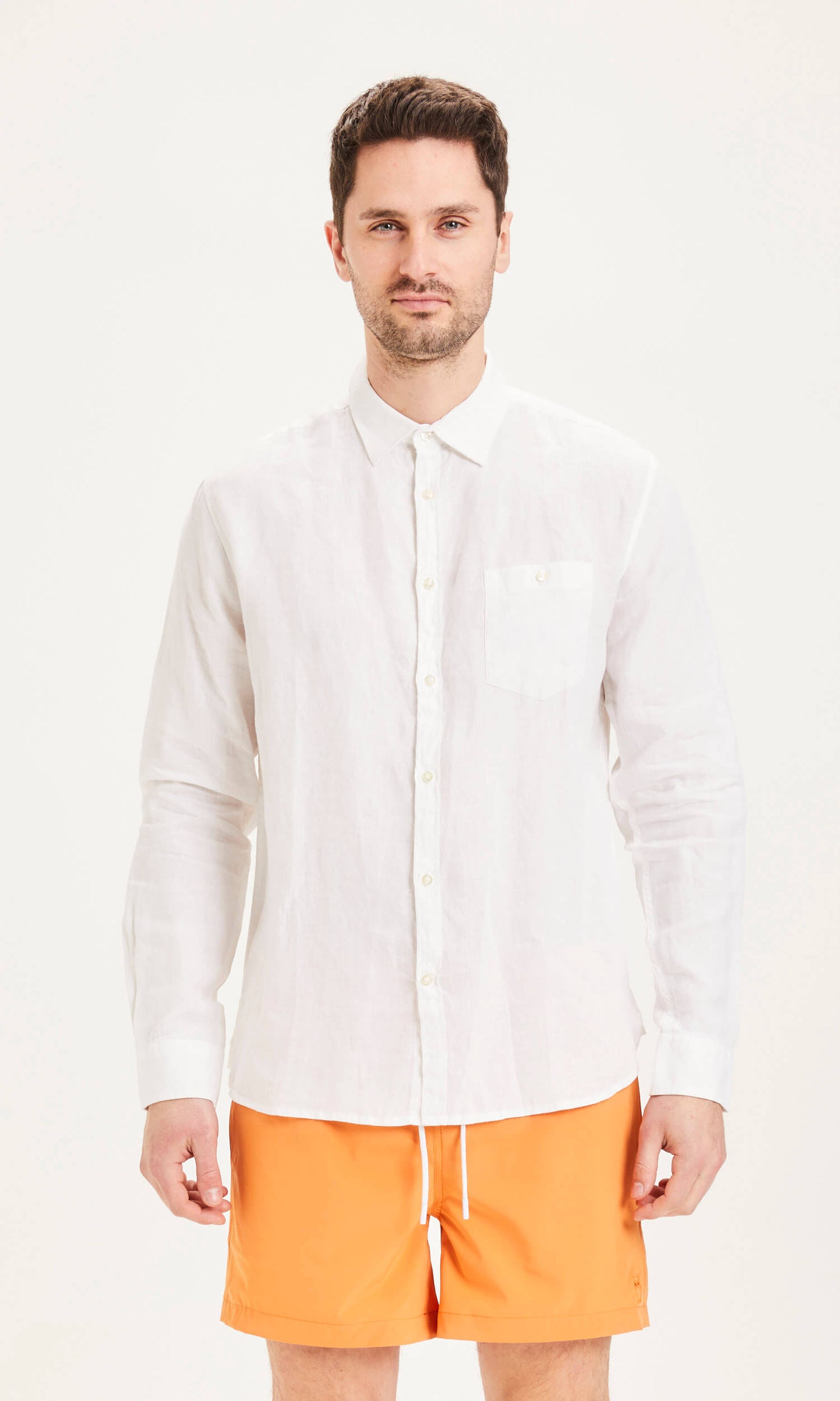 Knowledge Cotton Apparel - Shirt Larch LS Linen Custom Fit White