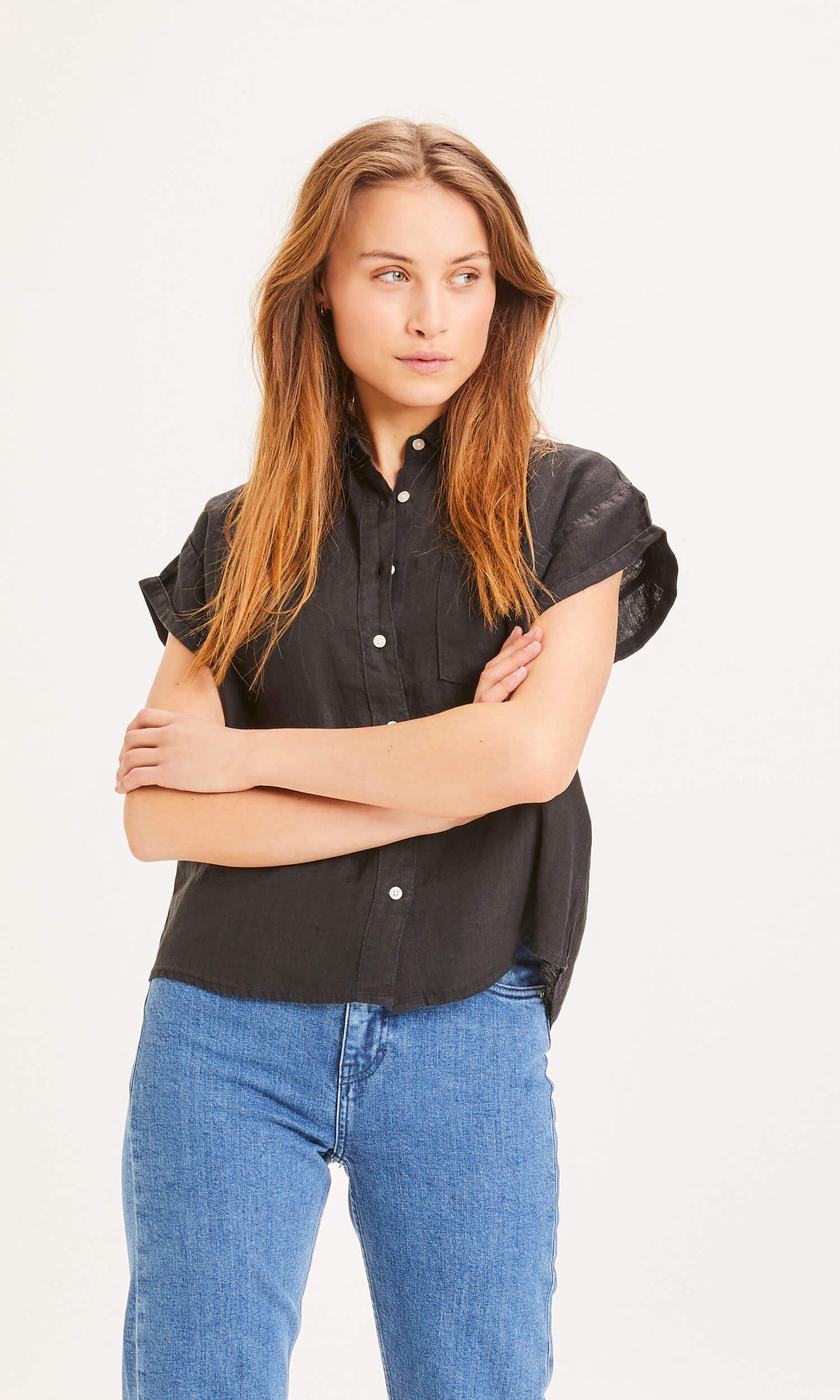 Knowledge Cotton Apparel - Shirt Aster Fold Up Short Sleeve Linen Black Jet