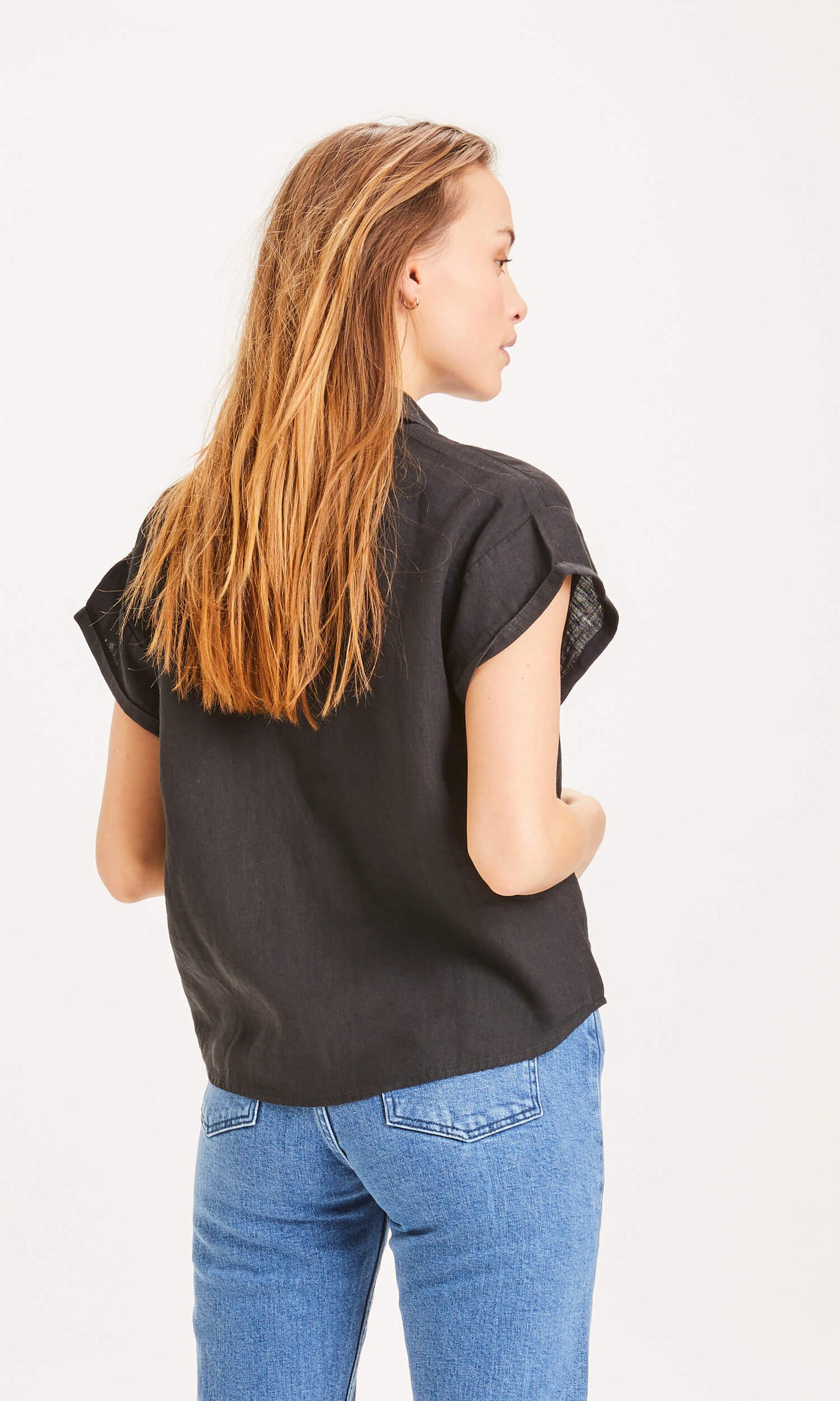 Knowledge Cotton Apparel - Shirt Aster Fold Up Short Sleeve Linen Black Jet