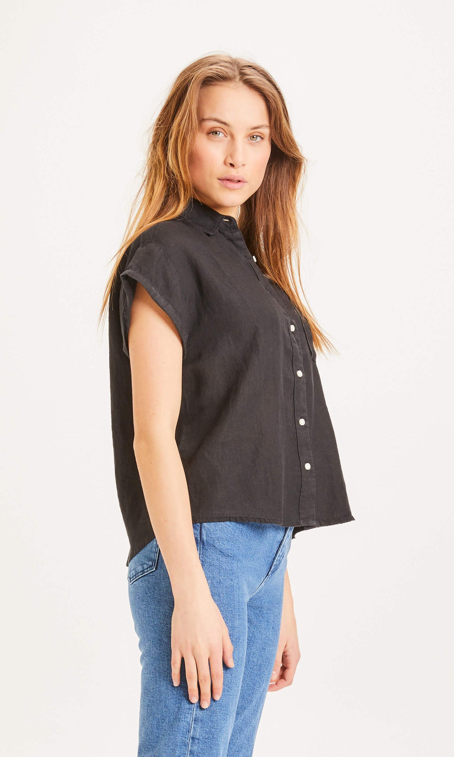 Knowledge Cotton Apparel - Shirt Aster Fold Up Short Sleeve Linen Black Jet