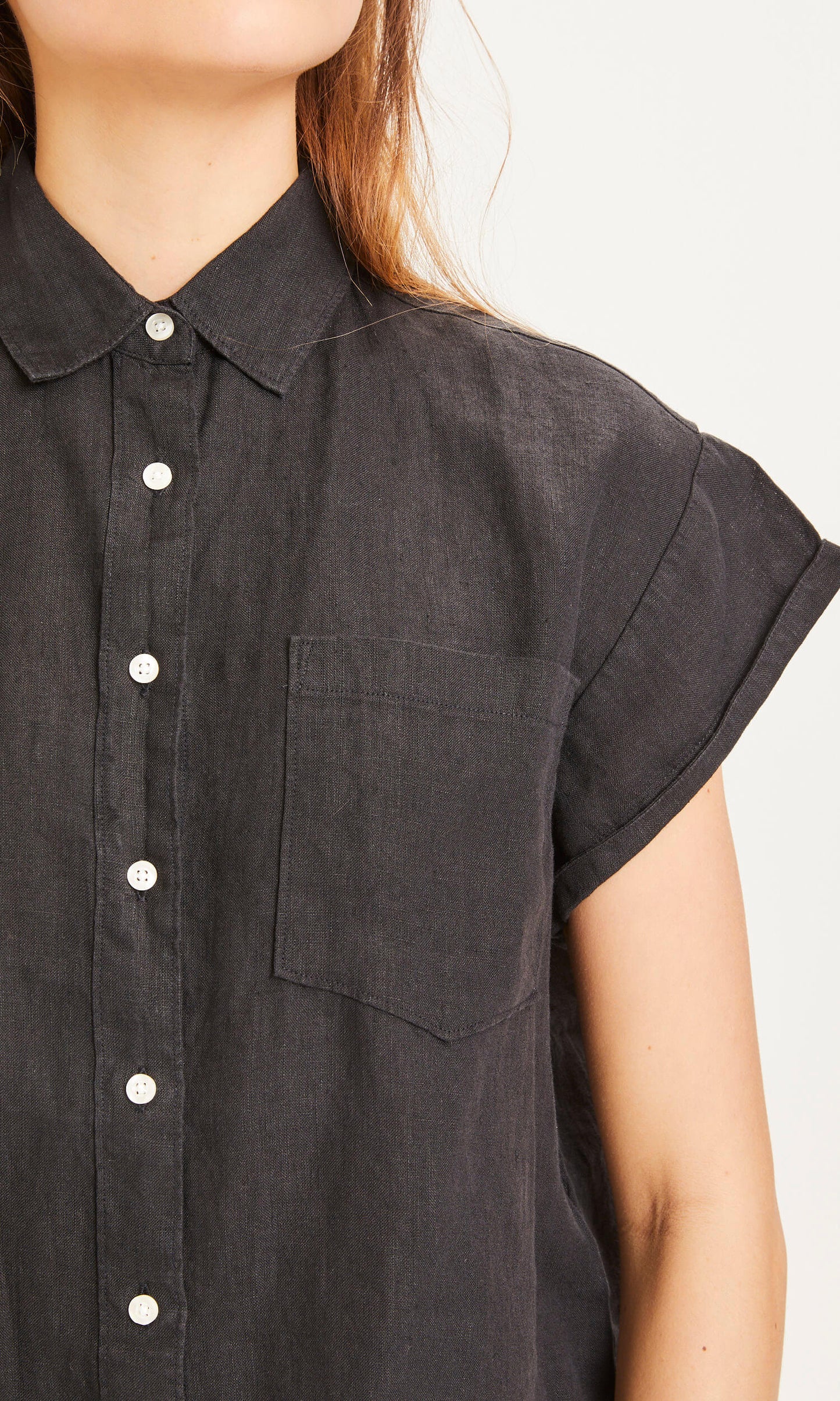 Knowledge Cotton Apparel - Shirt Aster Fold Up Short Sleeve Linen Black Jet