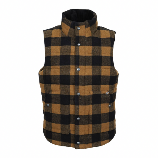 Plaid vest with black and brown pattern on a white background