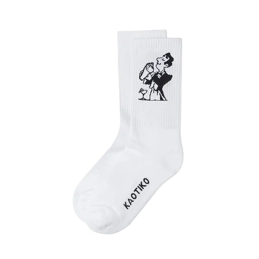 White sock with black graphic design and text on a white background