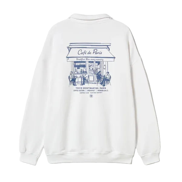 White sweatshirt with a graphic design on the back against a white background
