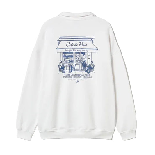 White sweatshirt with a graphic design on the back against a white background