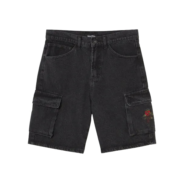 Black cargo shorts with a brand logo on a white background