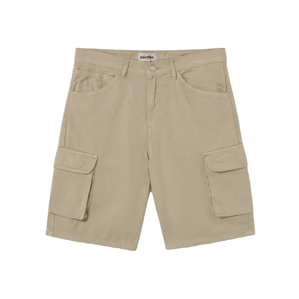 Beige cargo shorts on a white background