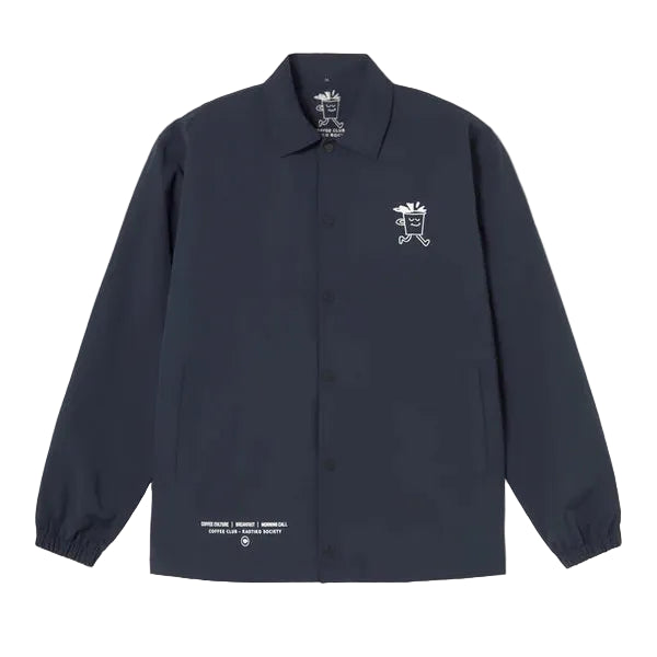 Black jacket with a small white logo on a light gray background