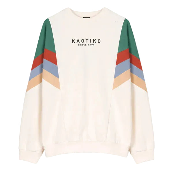 Color-blocked sweater with 'KAOTIKO' branding on a white background