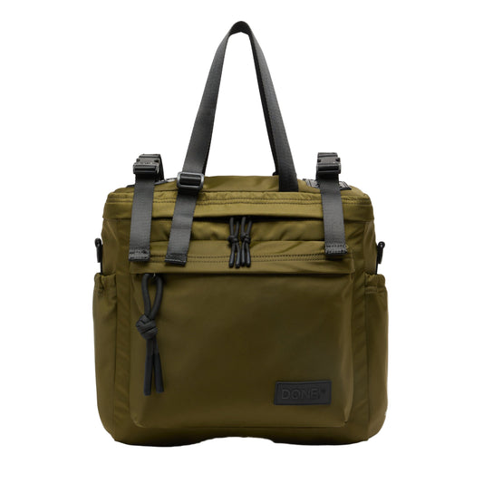 Green backpack with black straps on a light gray background