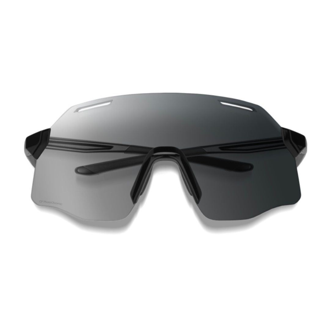 Black sunglasses with reflective lenses on a white background
