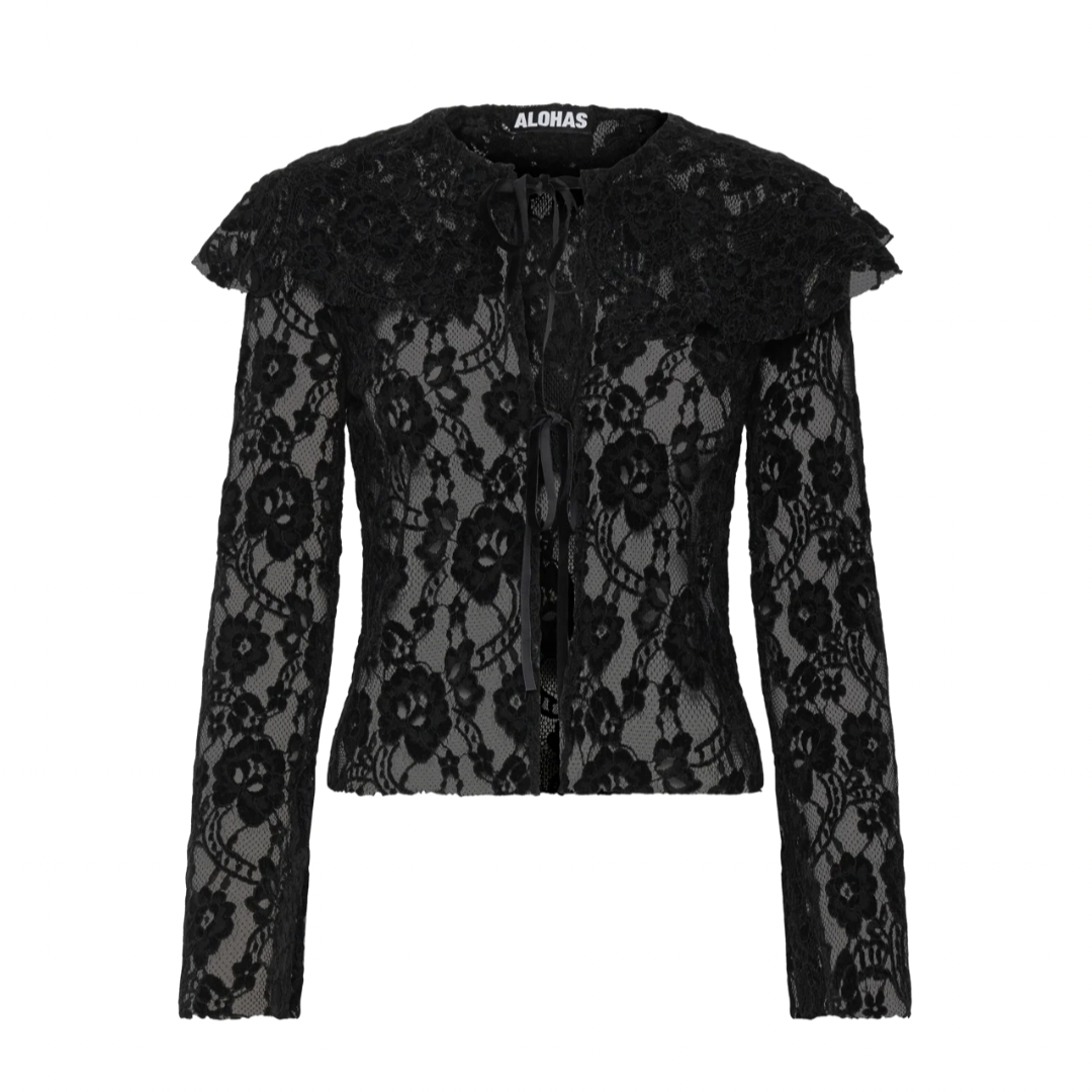 Black lace top with ruffled collar on a white background