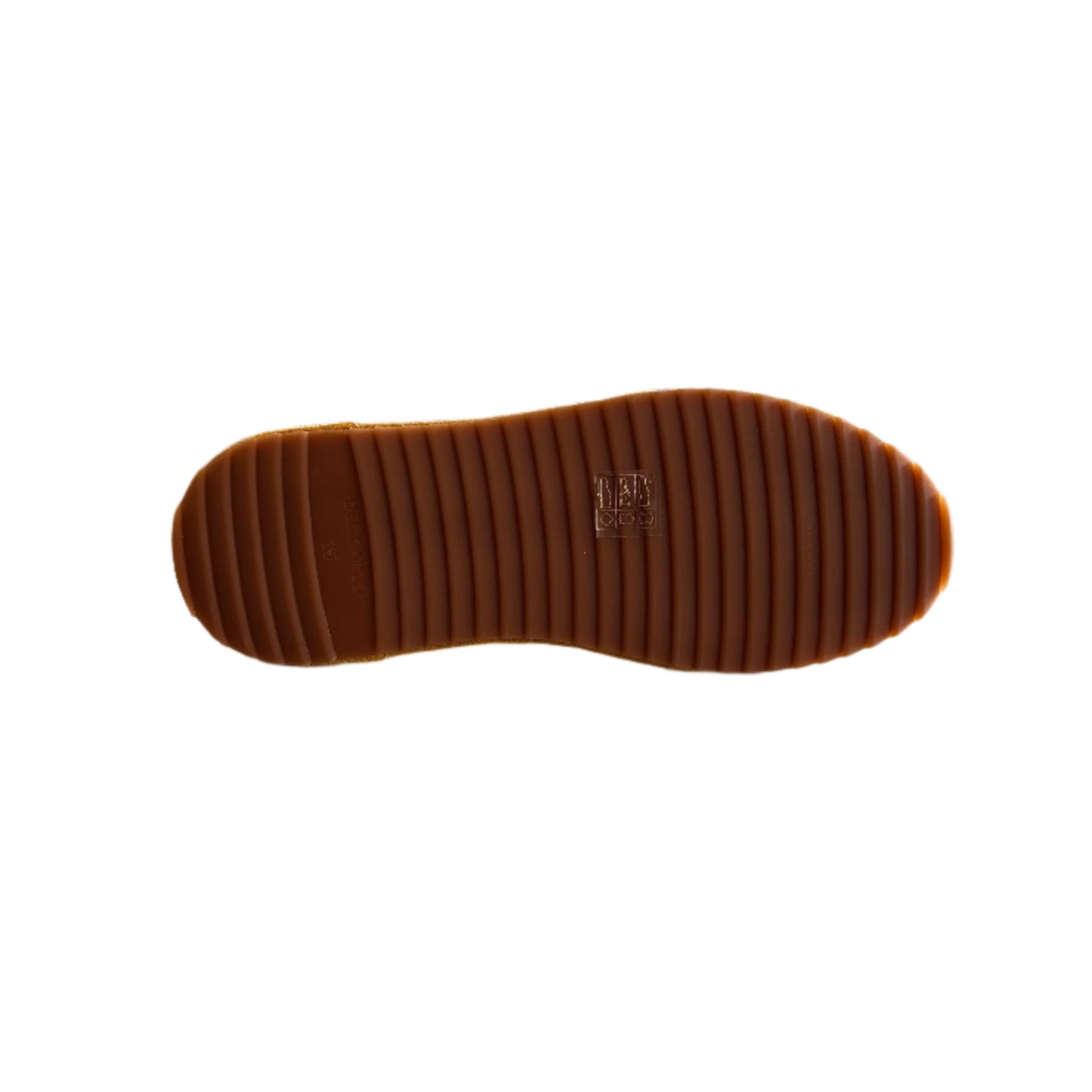 Close-up of a shoe sole with a store interior in the background