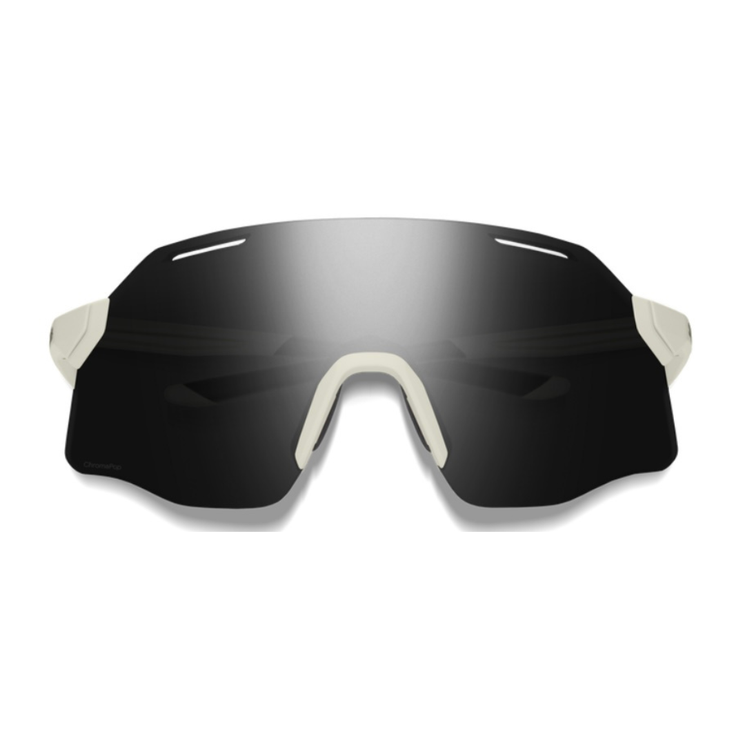 Sunglasses with black lenses and white frame on a white background
