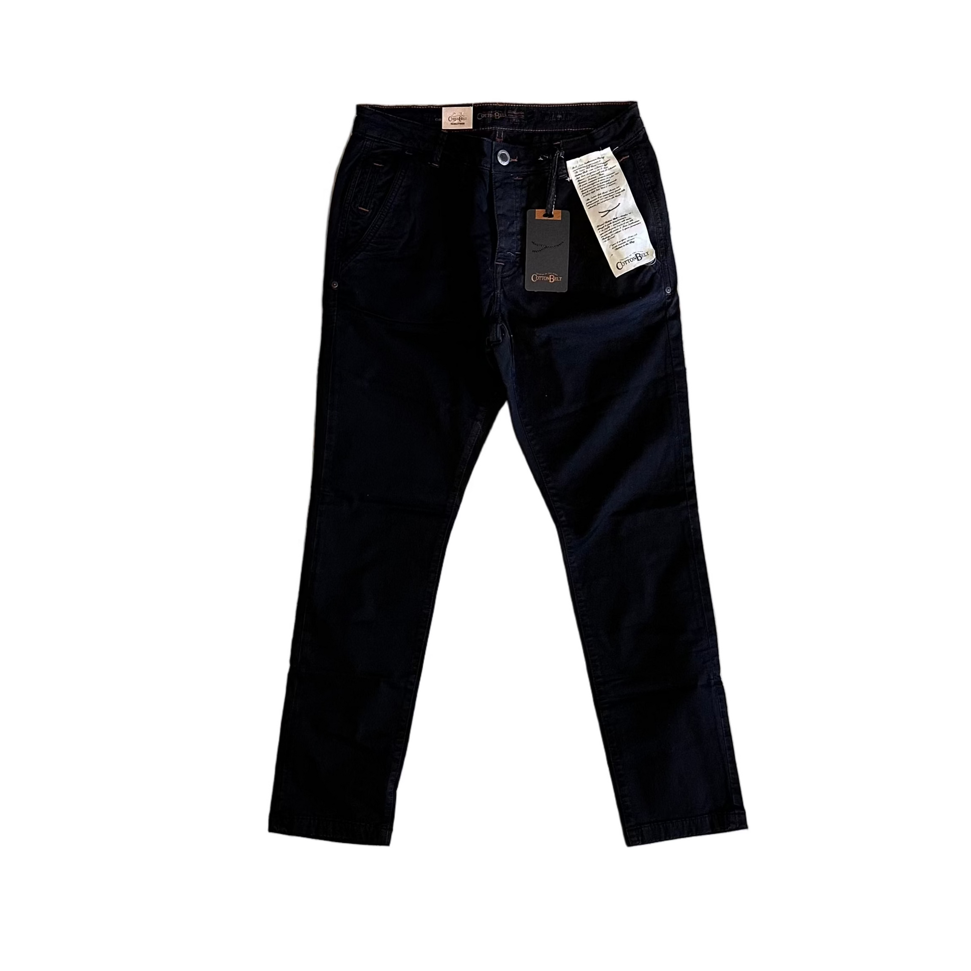 Black pants on a wooden floor with a person wearing brown pants and shoes.