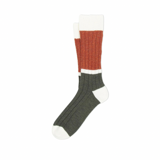 Sock with gray, red, and white pattern on a white background