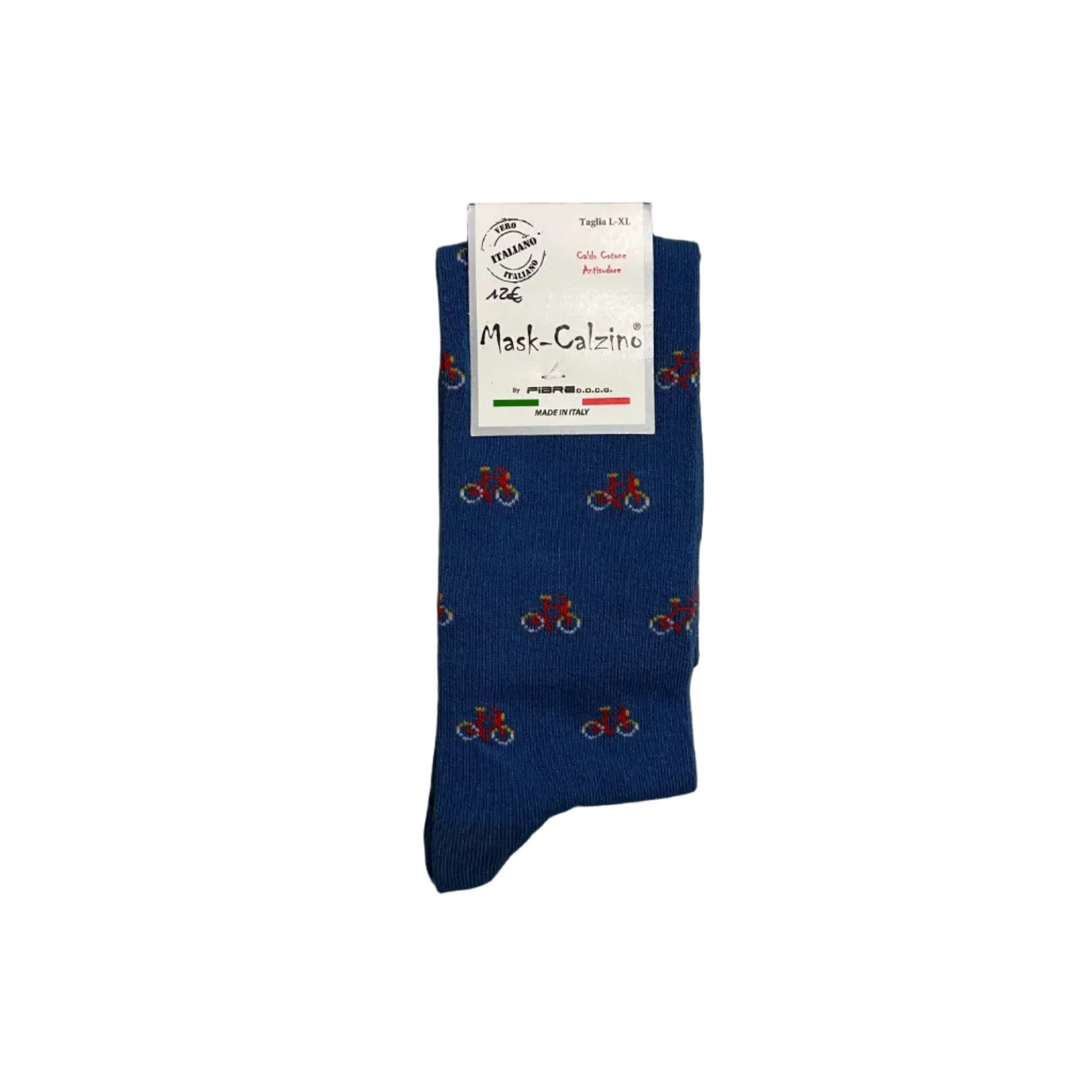 Blue sock with red bicycle pattern on a wooden floor