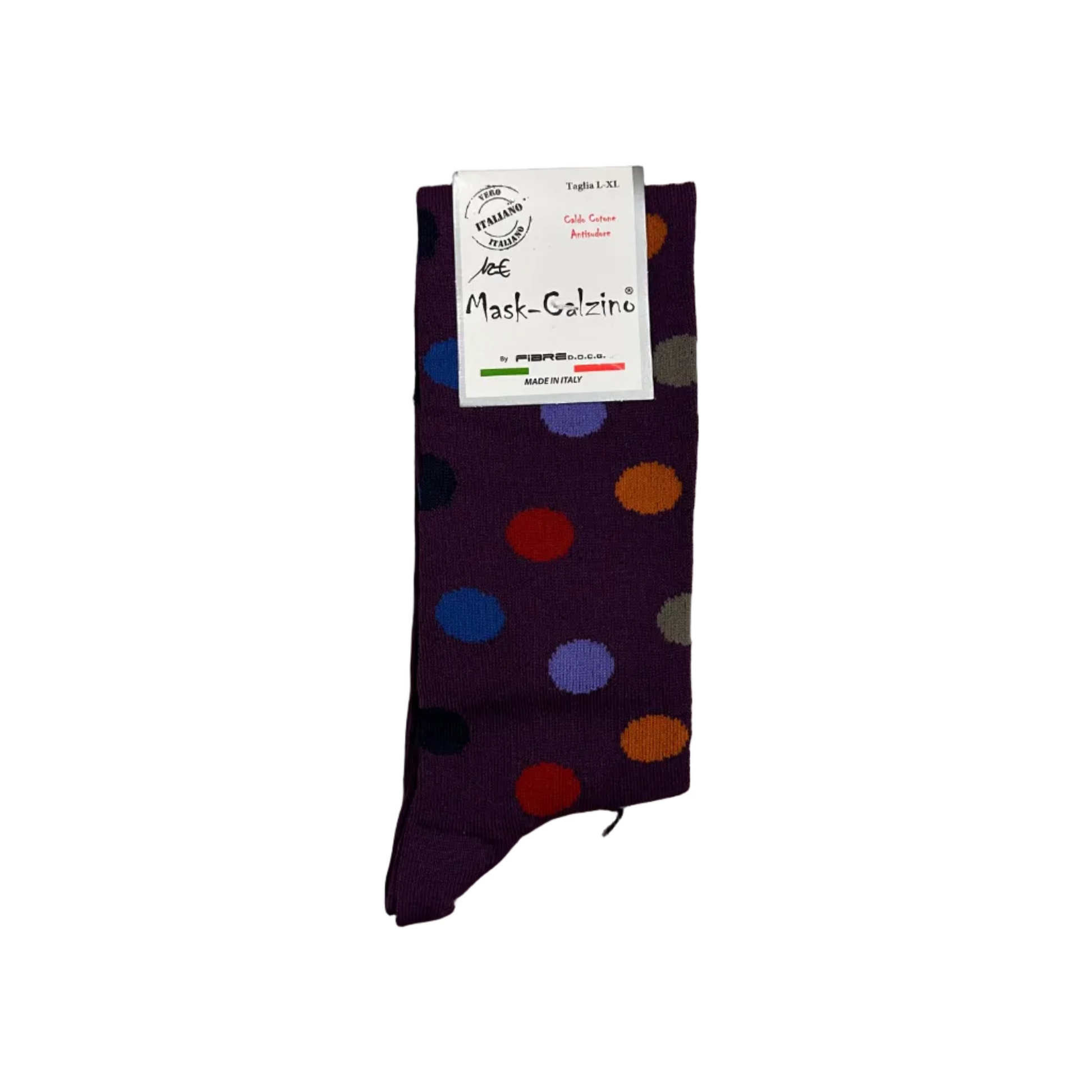 Purple sock with colorful polka dots on a wooden floor