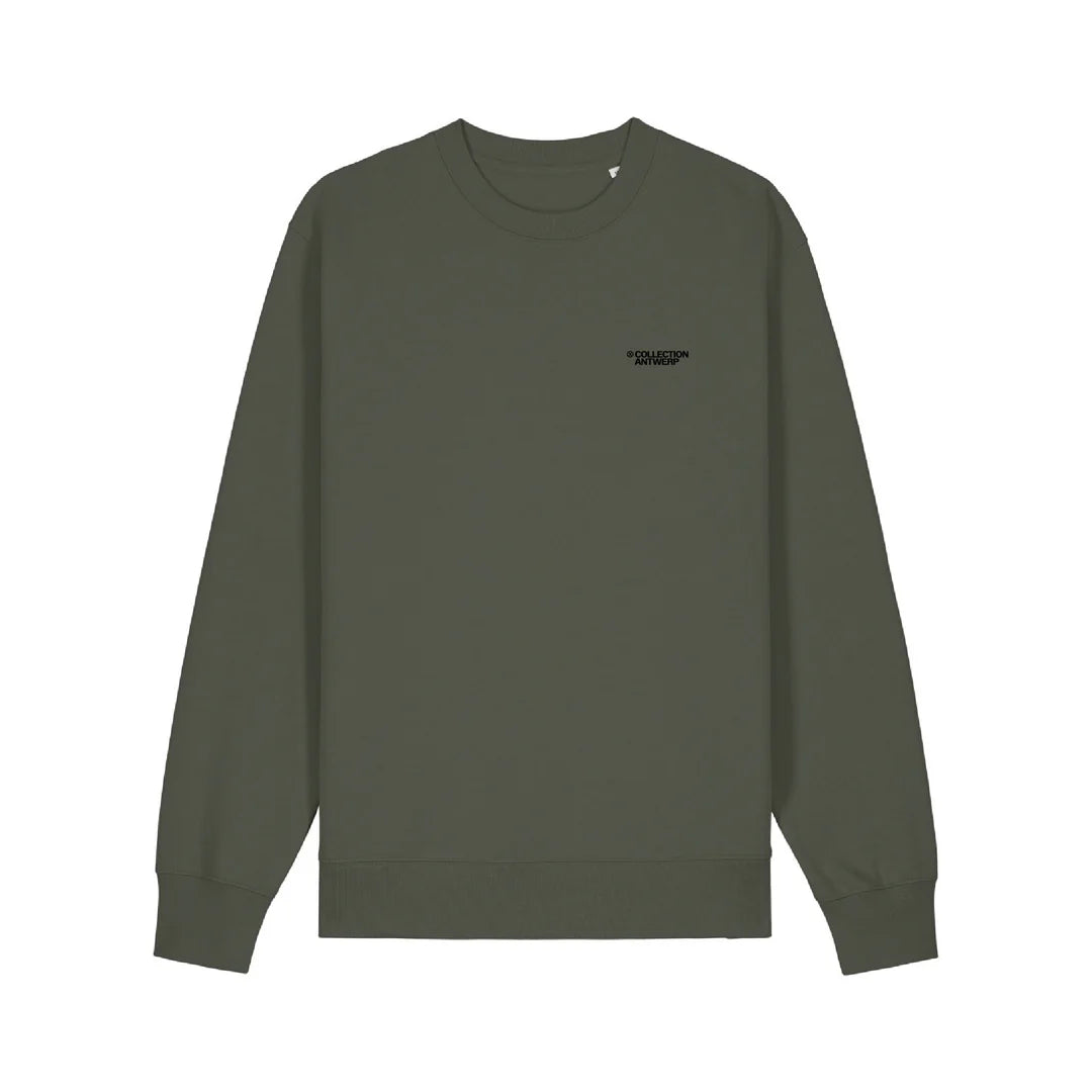 Green sweatshirt with a small logo on a white background