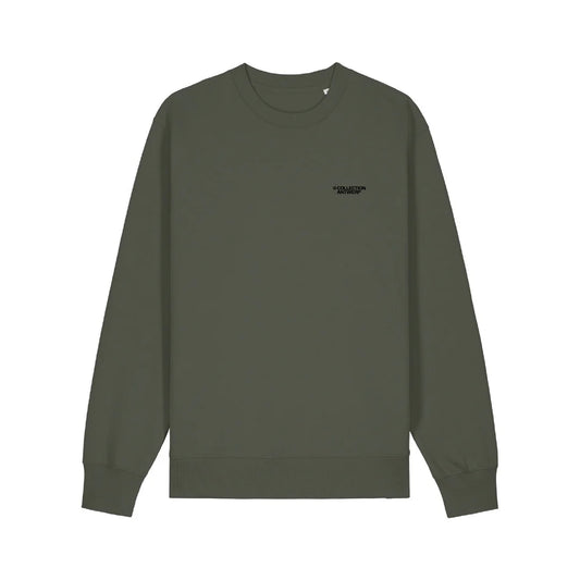 Green sweatshirt with a small logo on a white background