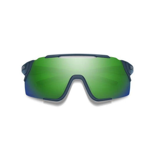 Sunglasses with green lenses and blue frames on a white background