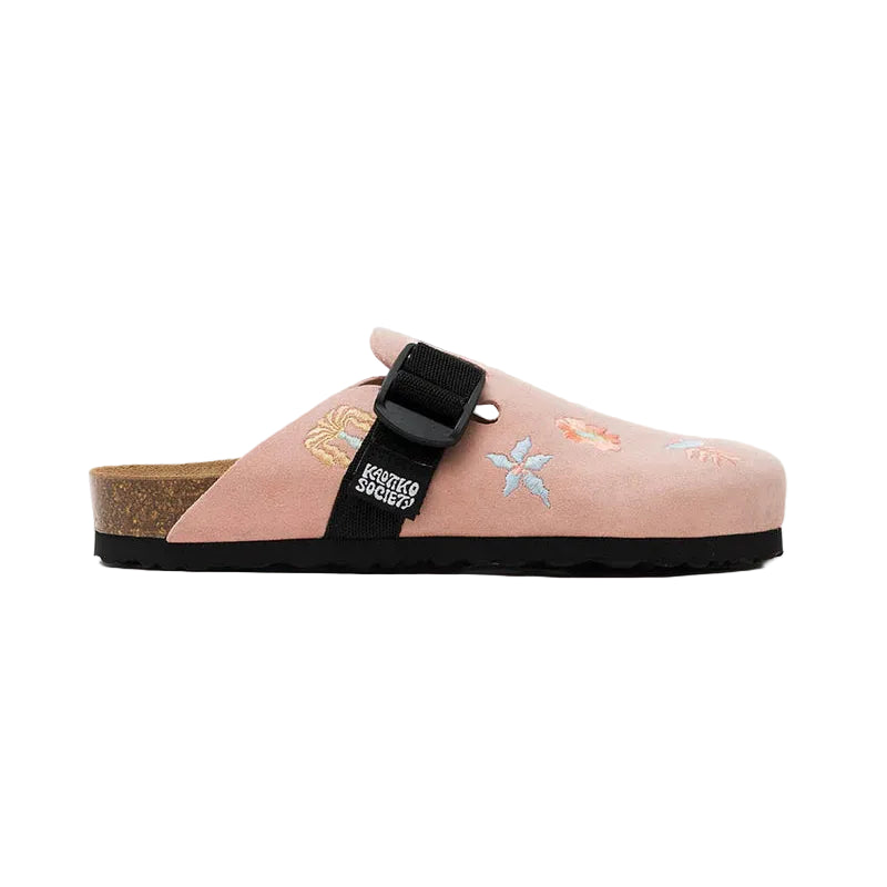 Pink sandal with a black strap on a white background