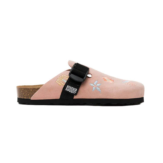 Pink sandal with a black strap on a white background