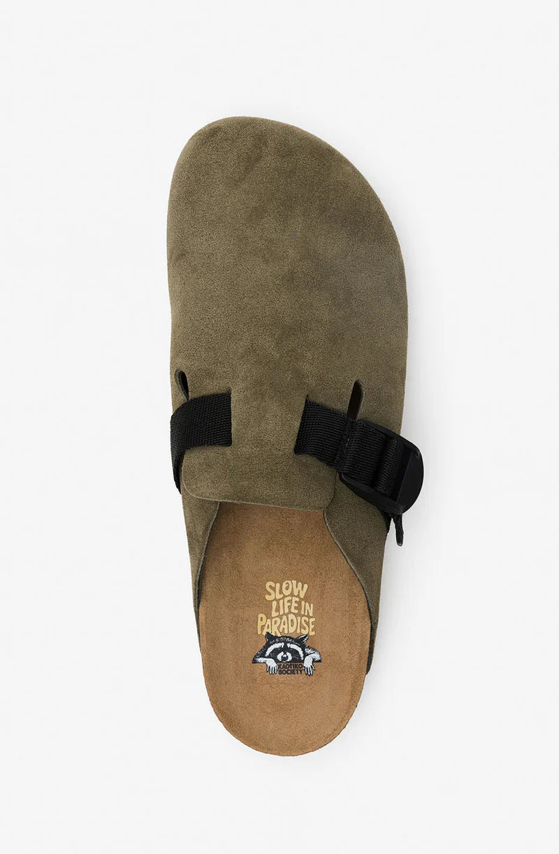 Brown sandal with black strap on a white background