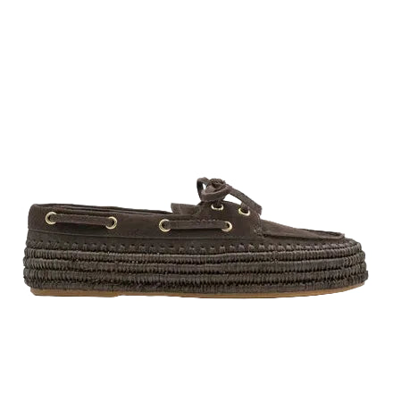 Brown boat shoe with a decorative bow on a white background