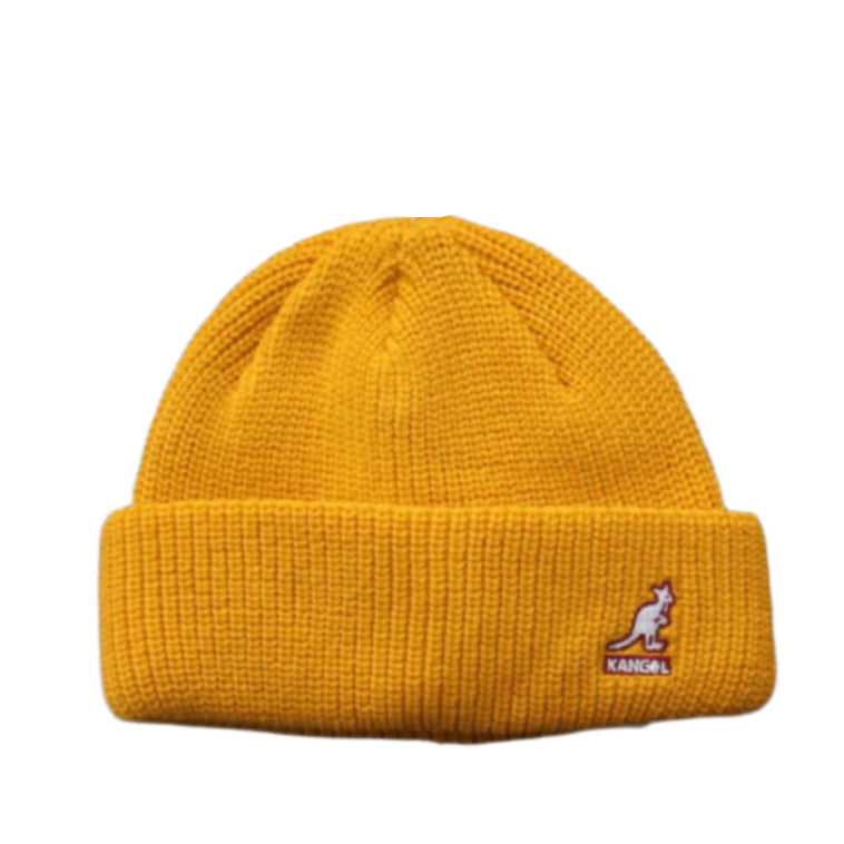 Yellow beanie with a brand logo on a white background