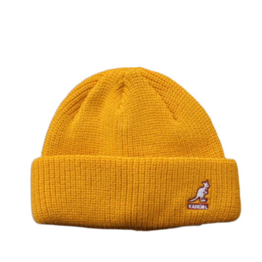 Yellow beanie with a brand logo on a white background